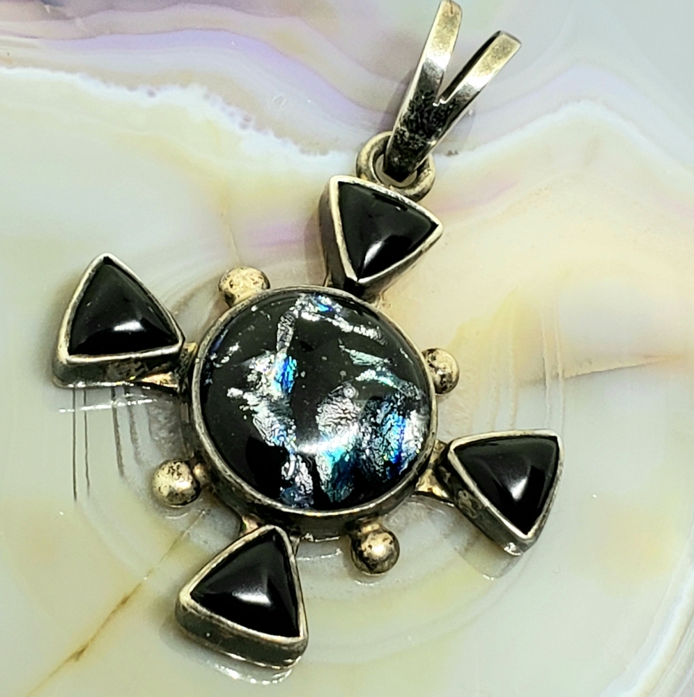 Foil art dichroic glass and sterling pendant